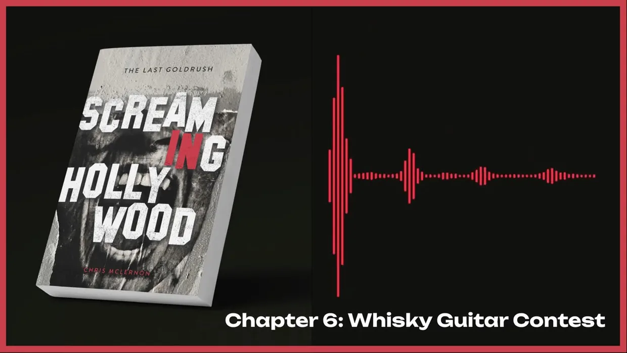 Chapter visualizer video: Chris McLernon reading from Screaming in Hollywood over the book cover and a red audio waveform
